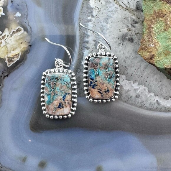 Sterling Southwestern Style Rectangle Shattuckite Dangle Earrings For Women - Picture 2 of 10